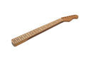 Light brown wooden guitar neck with 21 frets and black dot inlays isolated on white background.
