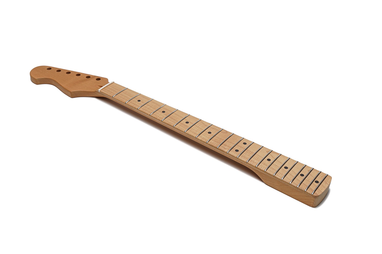 Light brown wooden guitar neck with 21 frets and black dot fret markers laid on a white background.