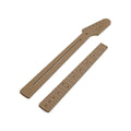 Two brown wooden guitar neck and fretboard templates with engraved markings and holes.