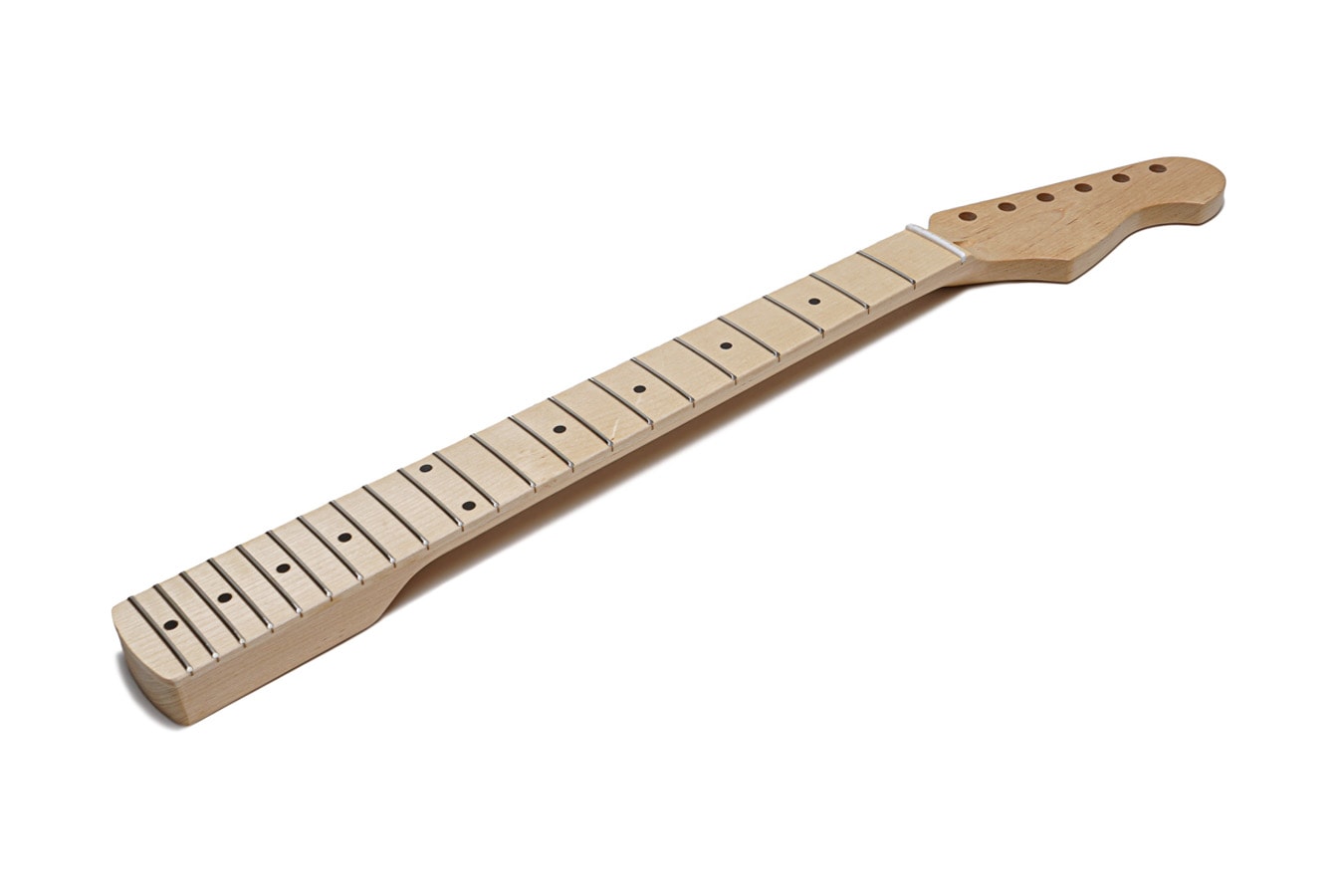 A natural maple guitar neck with 21 frets on a light background.