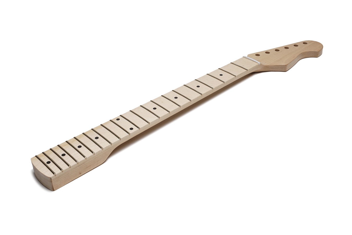 Unfinished guitar neck with 21 frets and a maple fretboard, showing headstock and fingerboard dots.