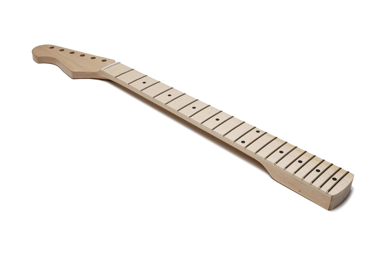 Light-colored wooden guitar neck with 21 frets and black dot fret markers, designed for left-handed use.