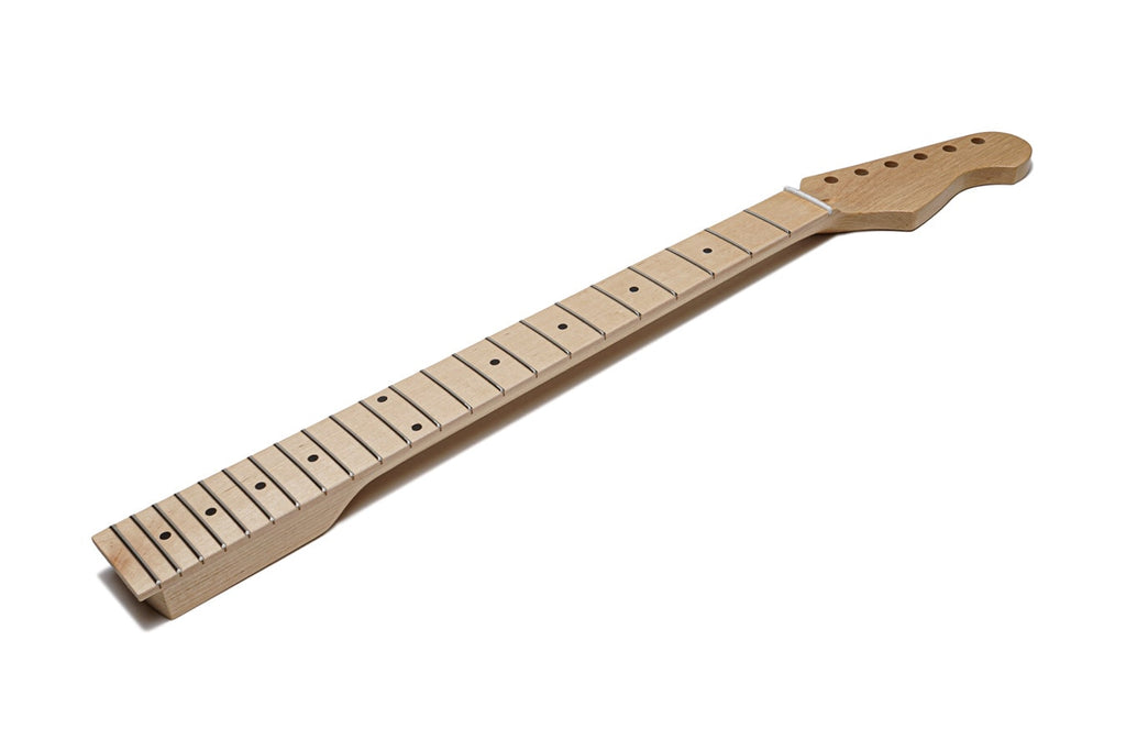 Unfinished light wood guitar neck with 22 frets and black dot fret markers on a maple fretboard