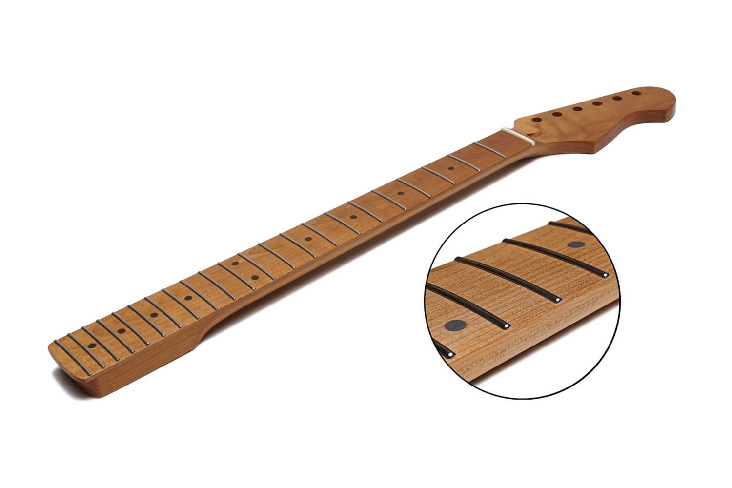 Roasted maple guitar neck with 22 frets, satin finish, black dot inlays, and a close-up detail of fretwork.