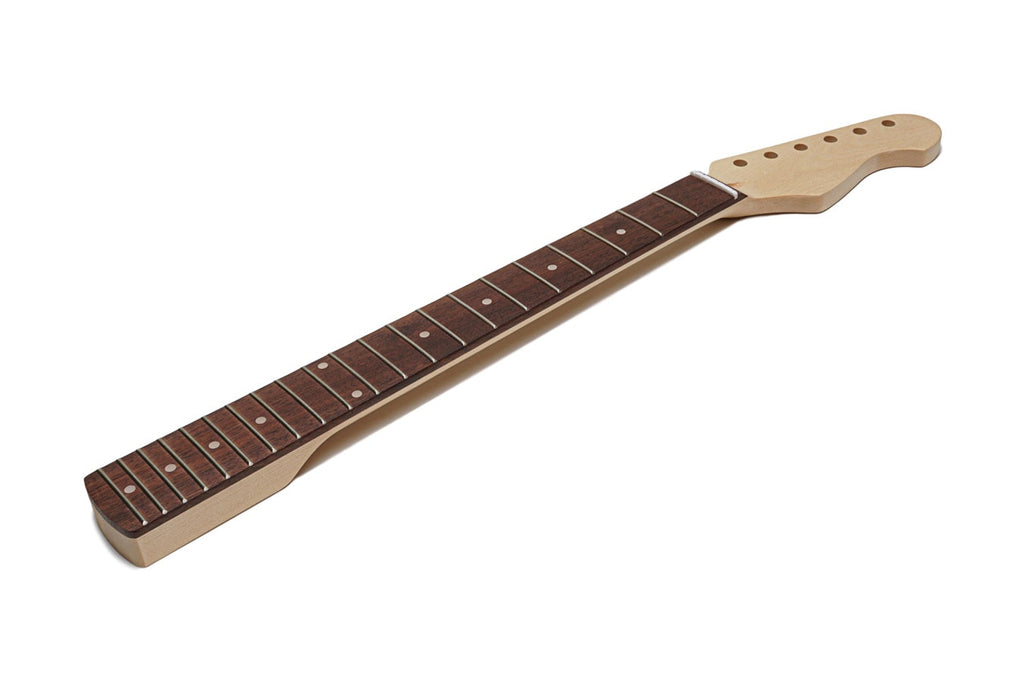 A wooden guitar neck with a rosewood fretboard and 21 frets, angled view on white background.