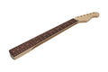 A wooden guitar neck with a rosewood fretboard and 21 frets, angled view on white background.