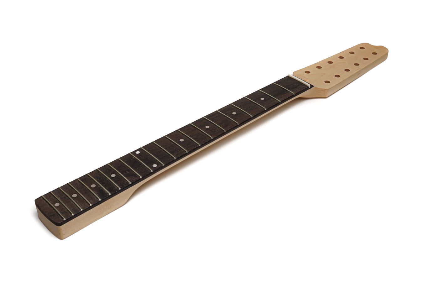 Wood guitar neck with dark brown fretboard and 21 frets, headstock with 12 tuning peg holes.