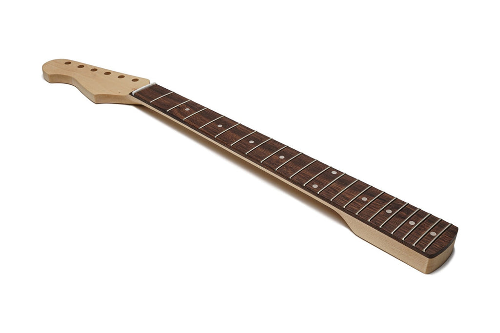Left-handed guitar neck with 21 frets and dot inlays on a dark fingerboard.