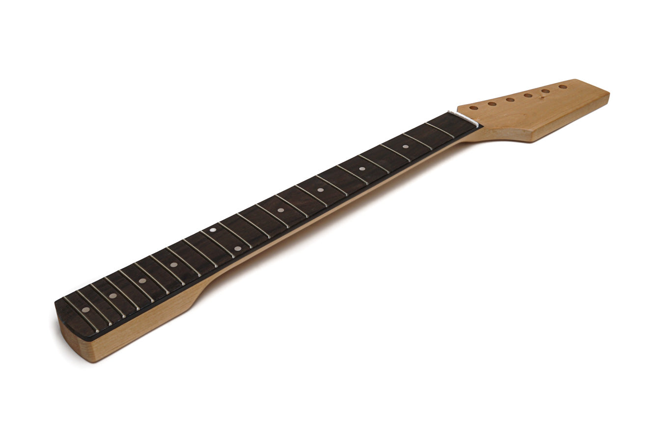 Unfinished guitar neck with 21 frets and a dark fretboard laid on a white background.