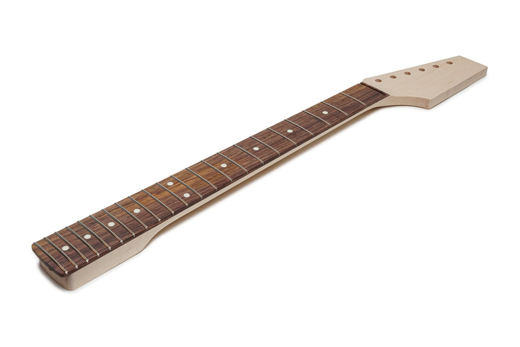 Maple guitar neck with rosewood fretboard and metal frets shown on a white background.
