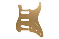 Gold colored metal pickguard with eight holes and cutouts for pickups and controls.