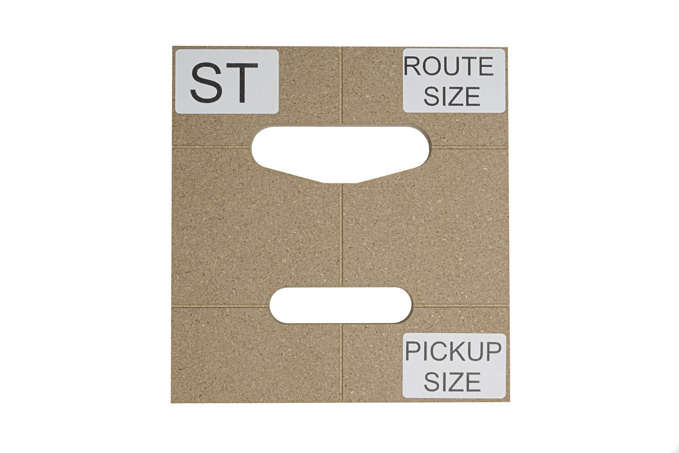 Brown wooden routing template with two pickup routes and text labels ST, ROUTE SIZE, and PICKUP SIZE.
