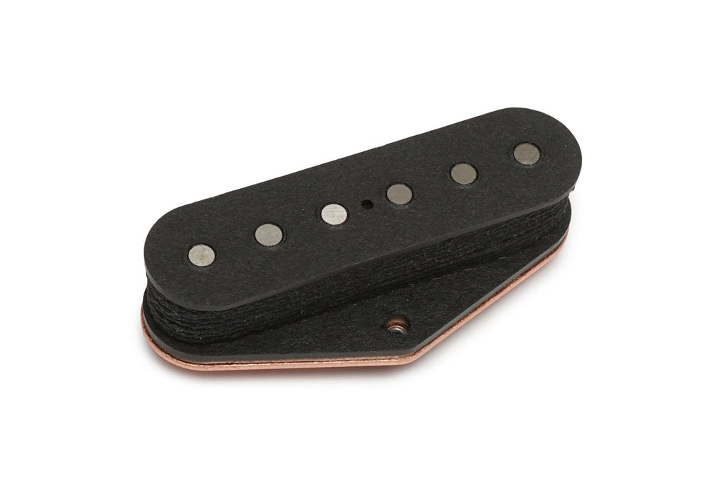 Black guitar pickup with six metal pole pieces and copper base plate shown against white background.