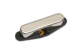 Single electric guitar pickup with a silver cover and black base plate isolated on white background.