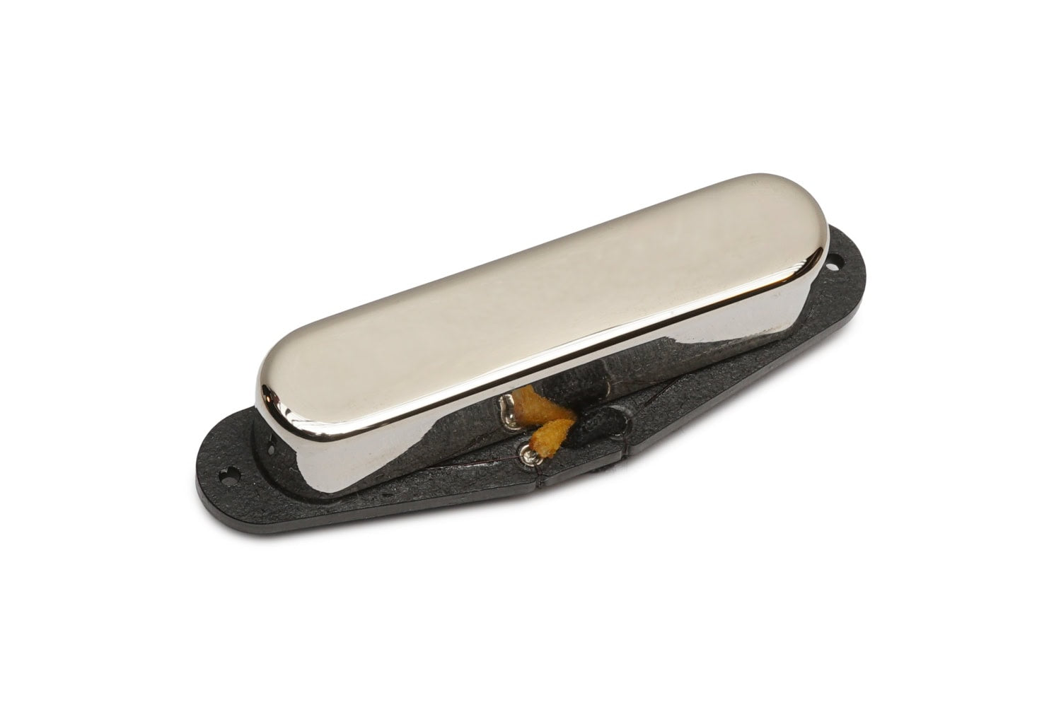 Single electric guitar pickup with a silver cover and black base plate isolated on white background.