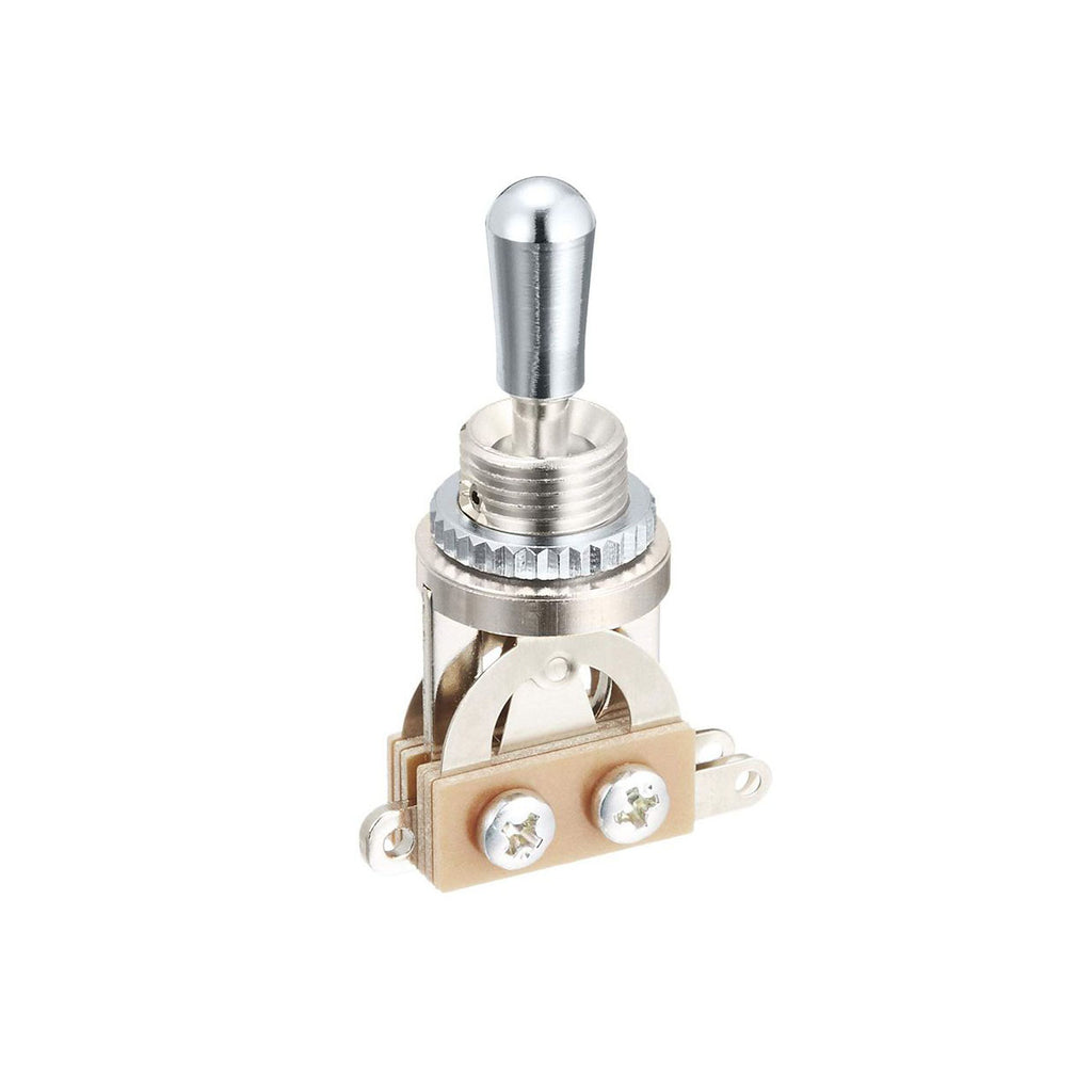 A metallic toggle switch with a chrome tip and screw terminals mounted on a beige base.