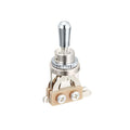 A metallic toggle switch with a chrome tip and screw terminals mounted on a beige base.