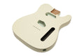 Vintage white guitar body with wood neck pocket and pickup cavities shown on a white background.