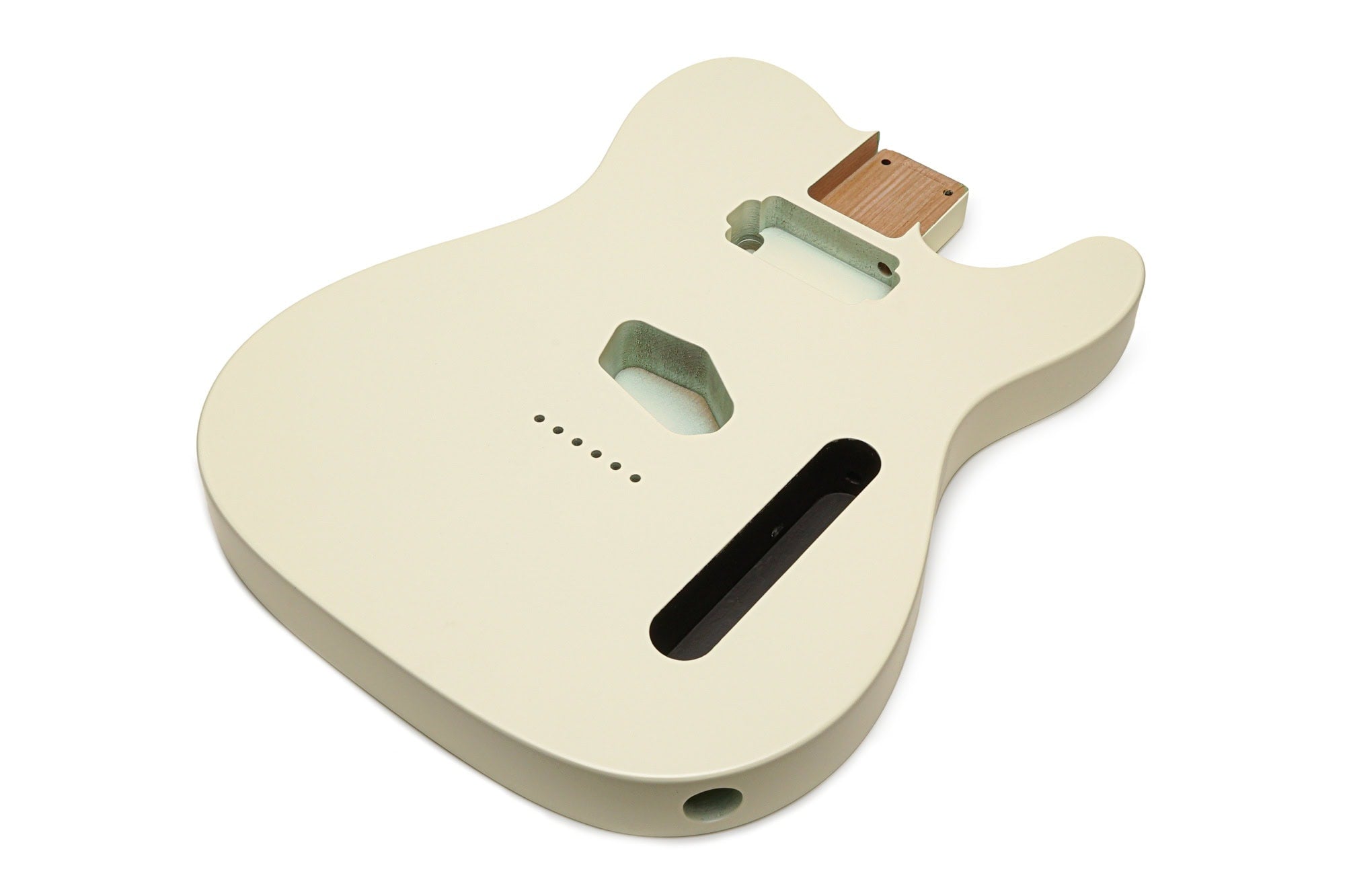 Vintage white guitar body with wood neck pocket and pickup cavities shown on a white background.