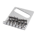 Chrome metal guitar bridge plate with six saddles and three mounting holes.