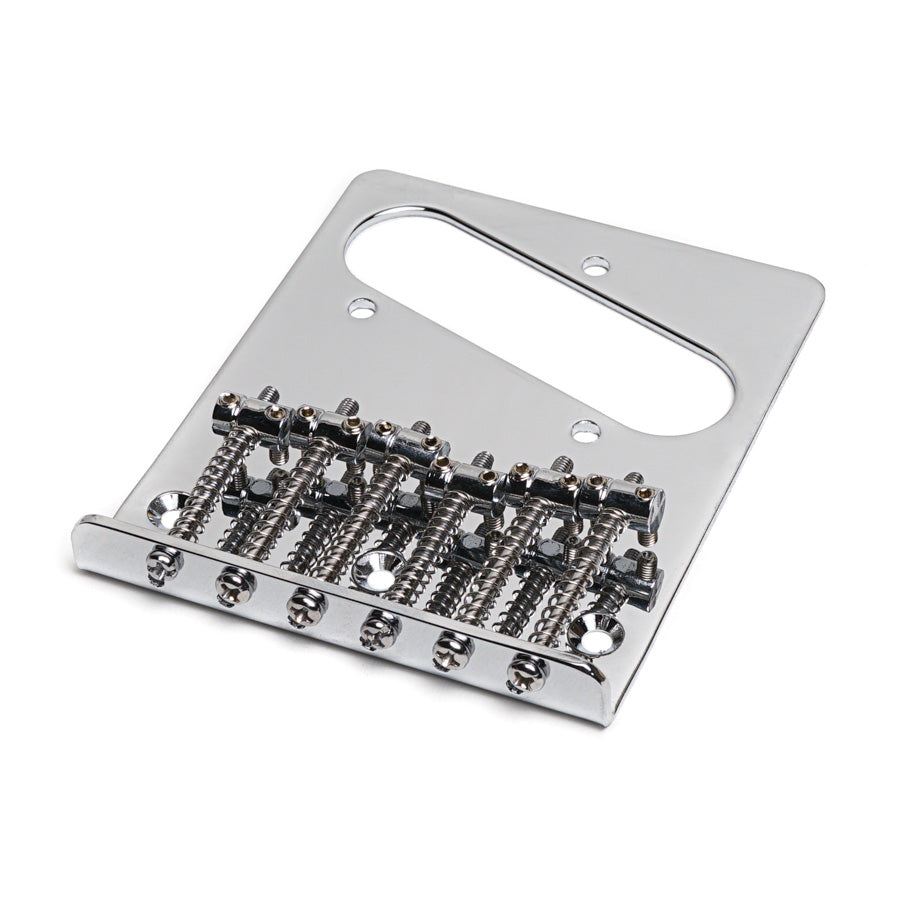 Chrome metal guitar bridge plate with six saddles and three mounting holes.