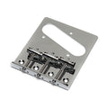 Chrome metal guitar bridge plate with four screw holes and three adjustable saddles.
