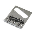 Chrome metal guitar bridge plate with three adjustable saddles and multiple mounting holes.