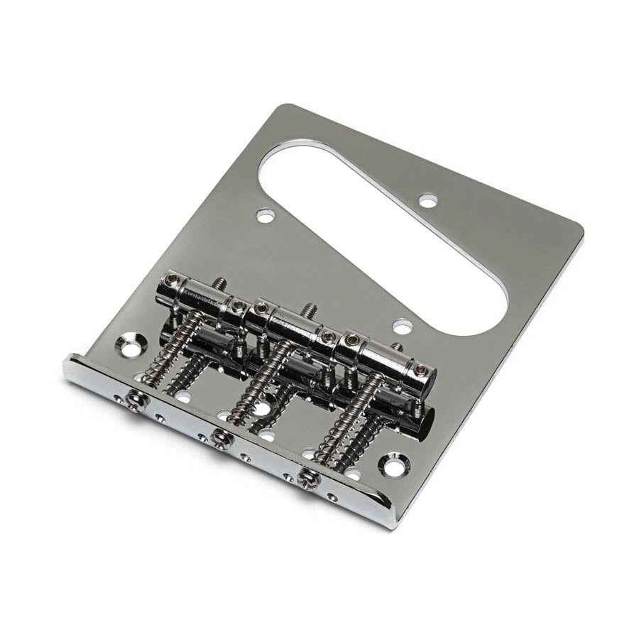Chrome metal guitar bridge plate with three adjustable saddles and multiple mounting holes.