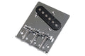 Chrome guitar bridge plate with three saddles and a black pickup mounted.
