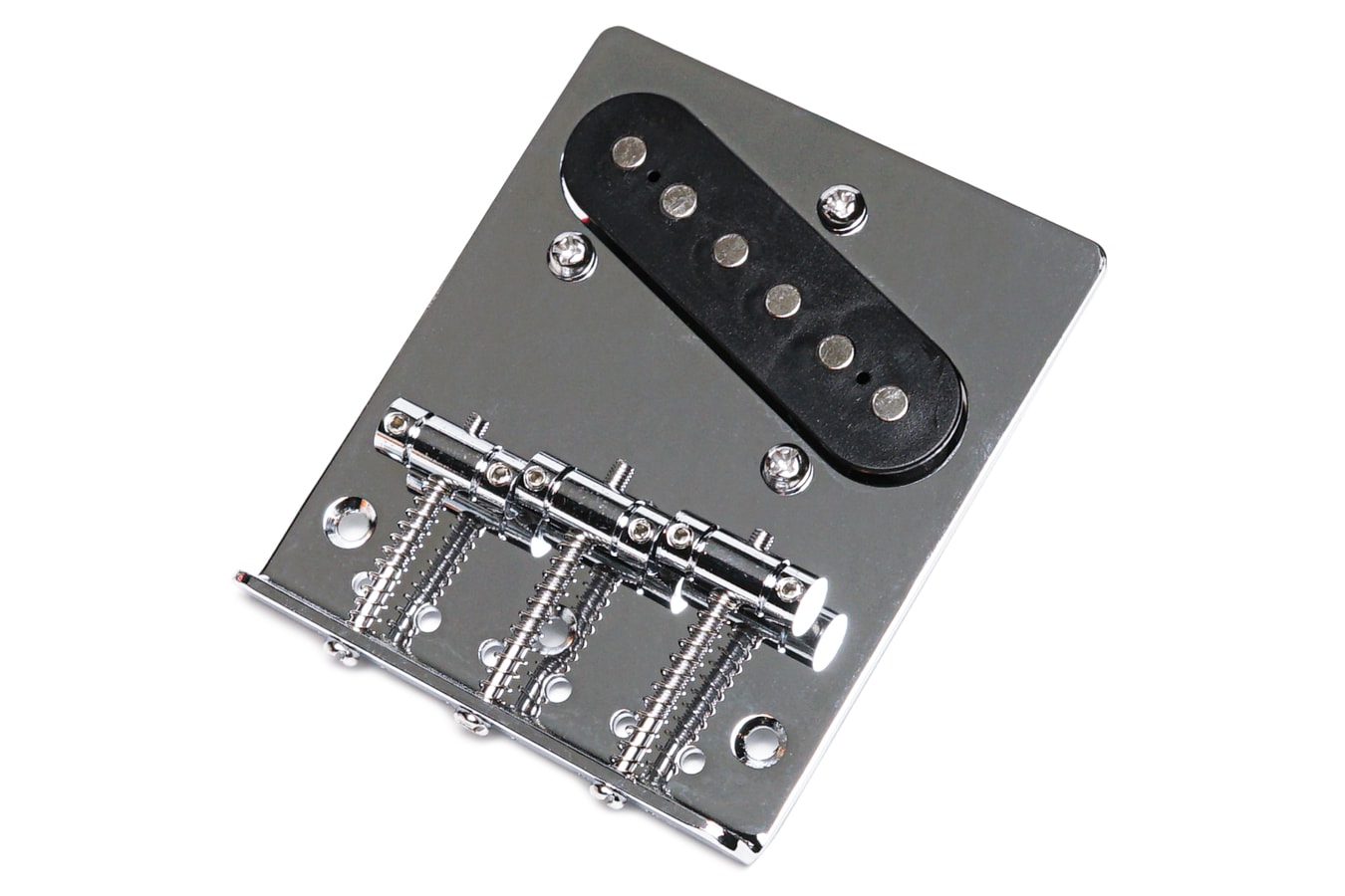 Chrome guitar bridge plate with three saddles and a black pickup mounted.
