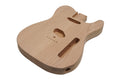Unfinished natural wood guitar body with routed cavities and holes for components.