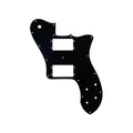 Black guitar pickguard with multiple screw holes and two rectangular cutouts on a white background.