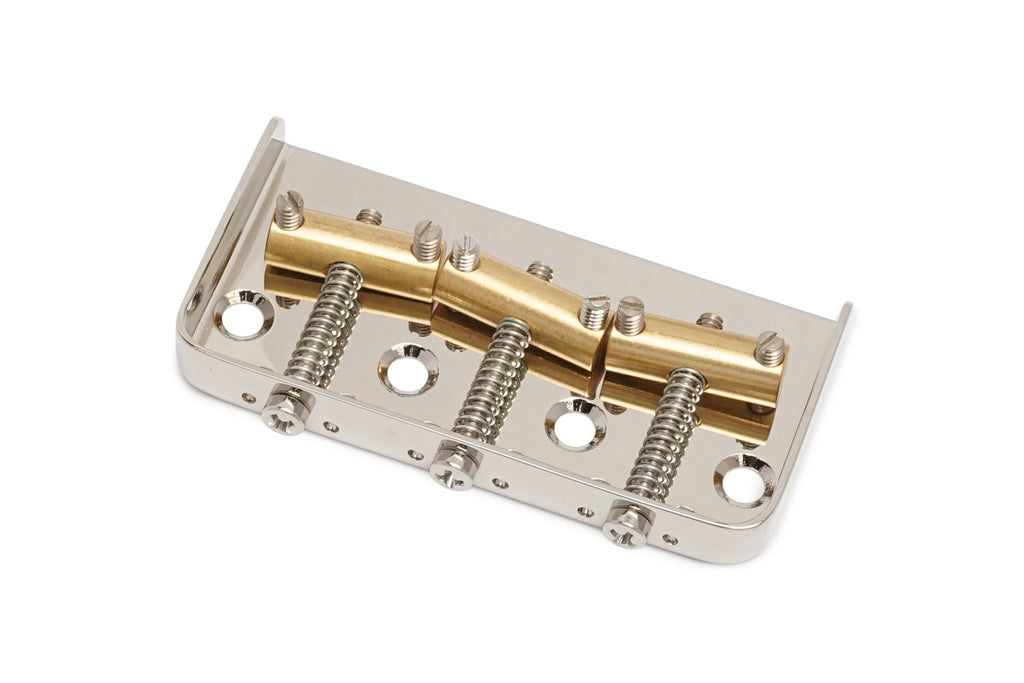 Metal guitar bridge with three gold saddles and adjustment screws on a silver base plate.