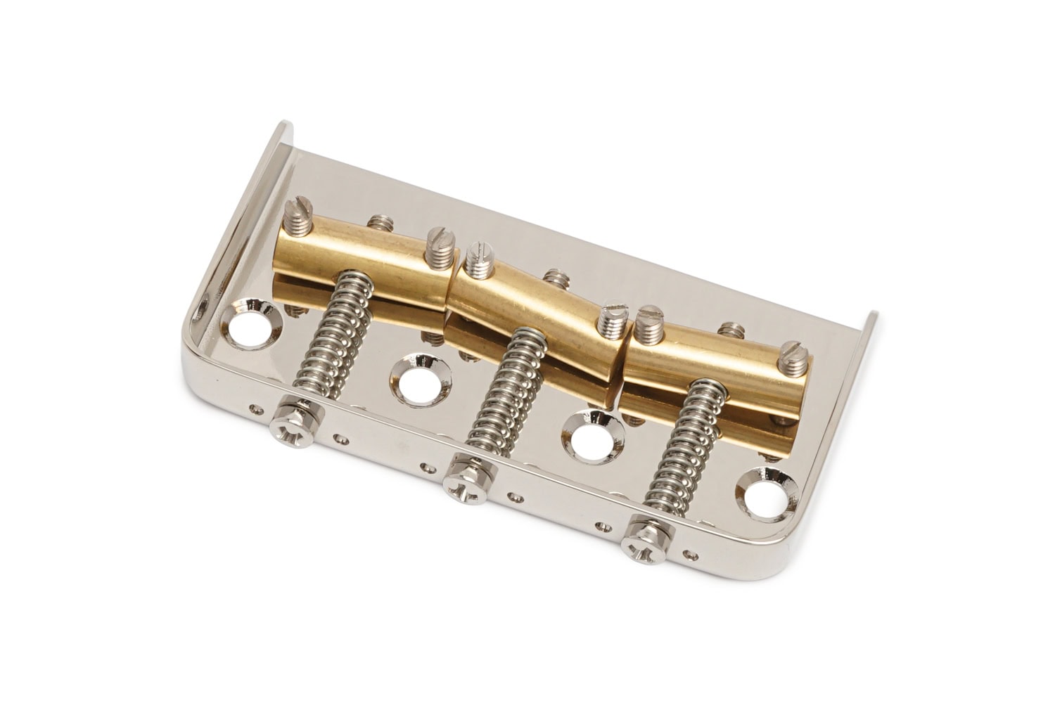 Metal guitar bridge with three gold saddles and adjustment screws on a silver base plate.
