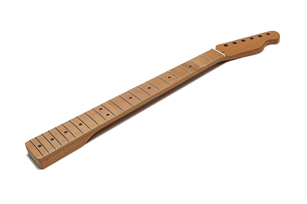 Light brown wooden guitar neck with 21 frets and dot inlays, shown on a white background.