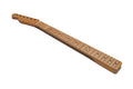 Left handed wooden guitar neck with 21 frets and dot inlays on the fretboard including headstock with drill holes.