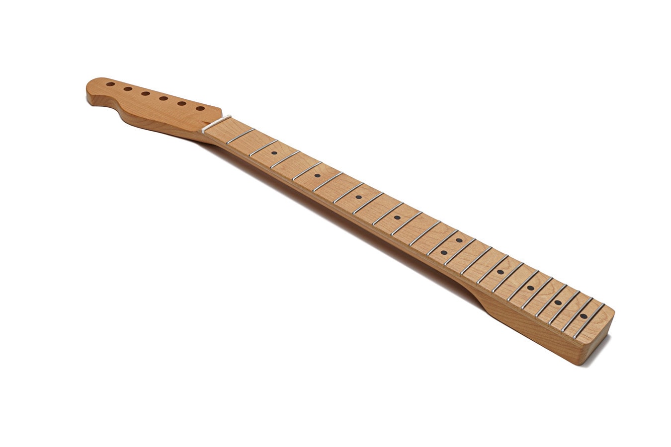 Light brown wooden guitar neck with 21 frets and dot inlays shown horizontally on white background.