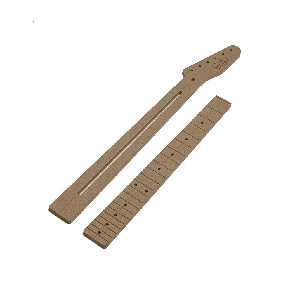 Brown wood neck and fretboard templates for guitar construction with engraved markings and holes.