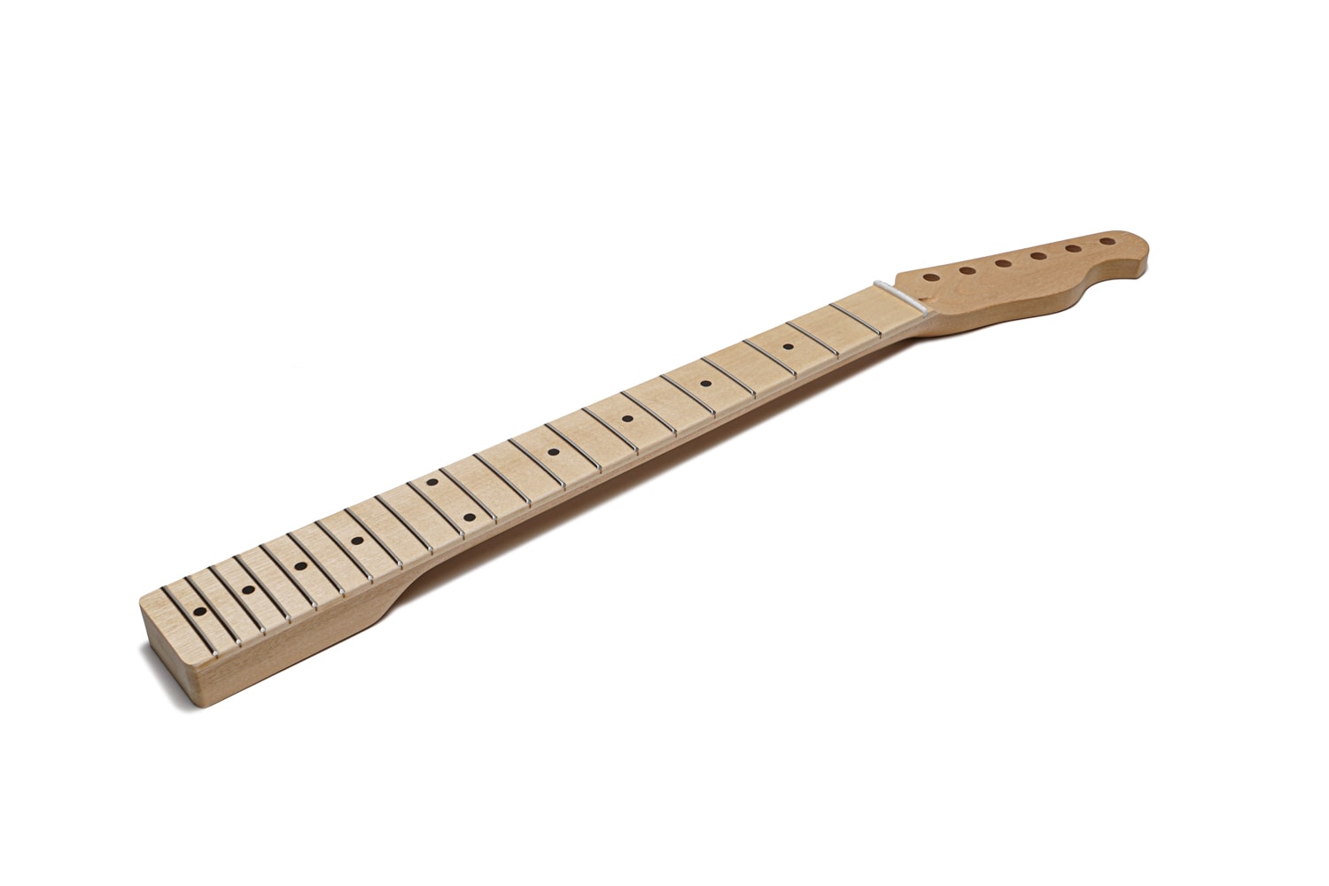 Unfinished wooden guitar neck with 21 frets and a maple fretboard on a white background.