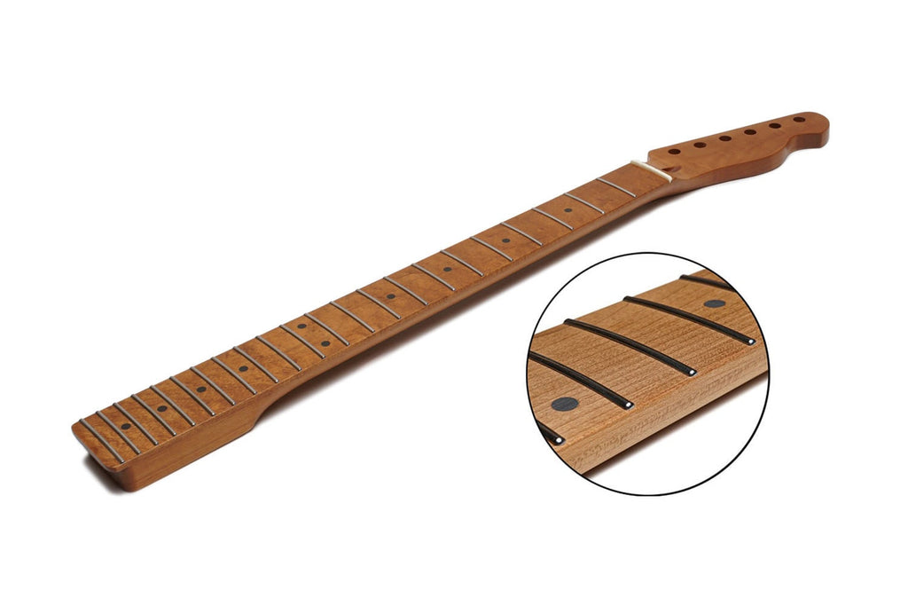 Roasted maple guitar neck with 22 frets, dot inlays, and a satin finish shown angled with a close-up detail circle.