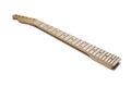 Natural wood guitar neck with maple fretboard and 22 frets laid flat on white background.