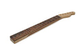 A guitar neck with a rosewood fretboard and 21 frets, featuring a natural wood headstock and dot inlays on the fretboard.