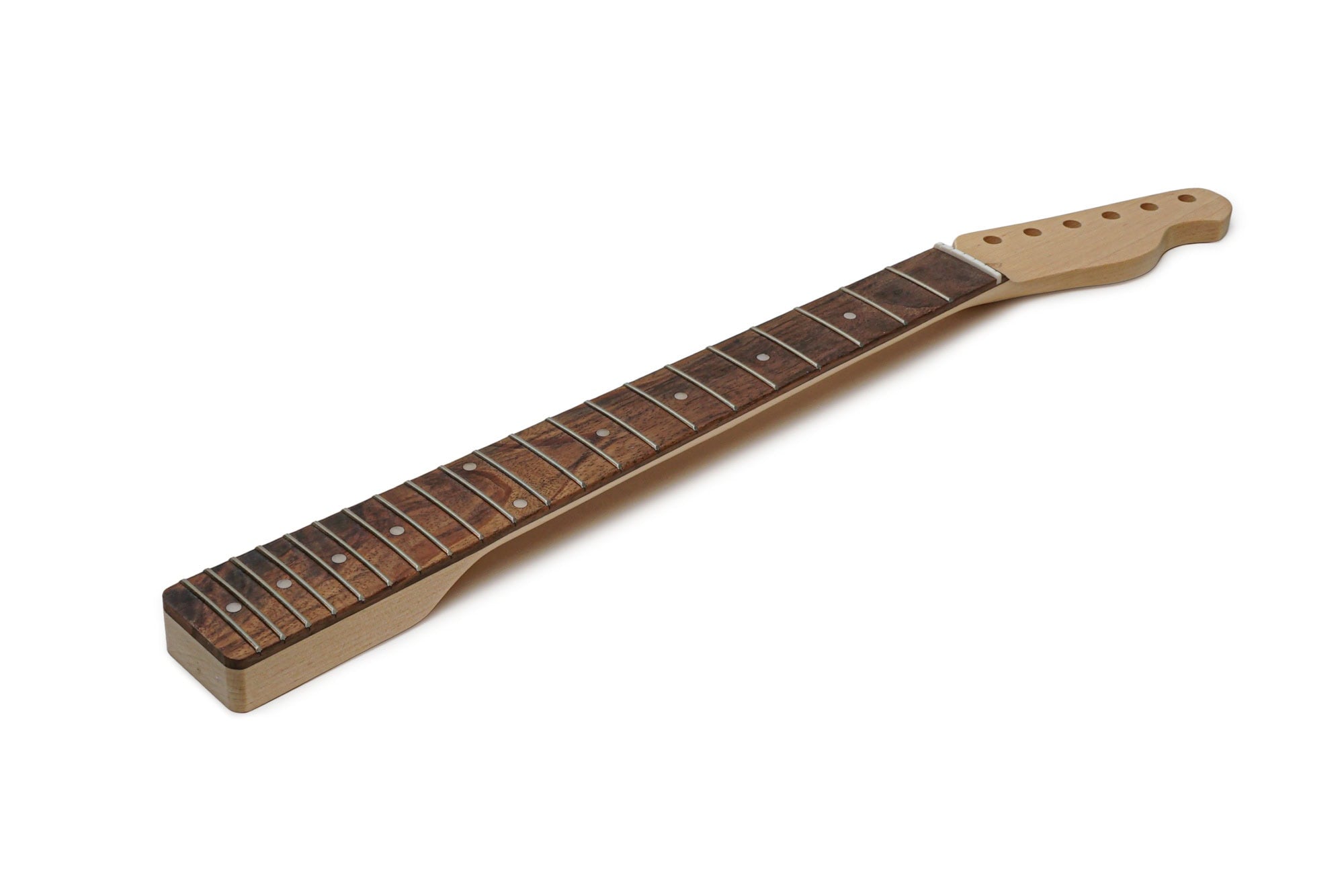 A guitar neck with a rosewood fretboard and 21 frets, featuring a natural wood headstock and dot inlays on the fretboard.