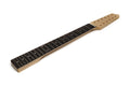 Wooden guitar neck with black fretboard and 21 metal frets, featuring 12 tuner peg holes.