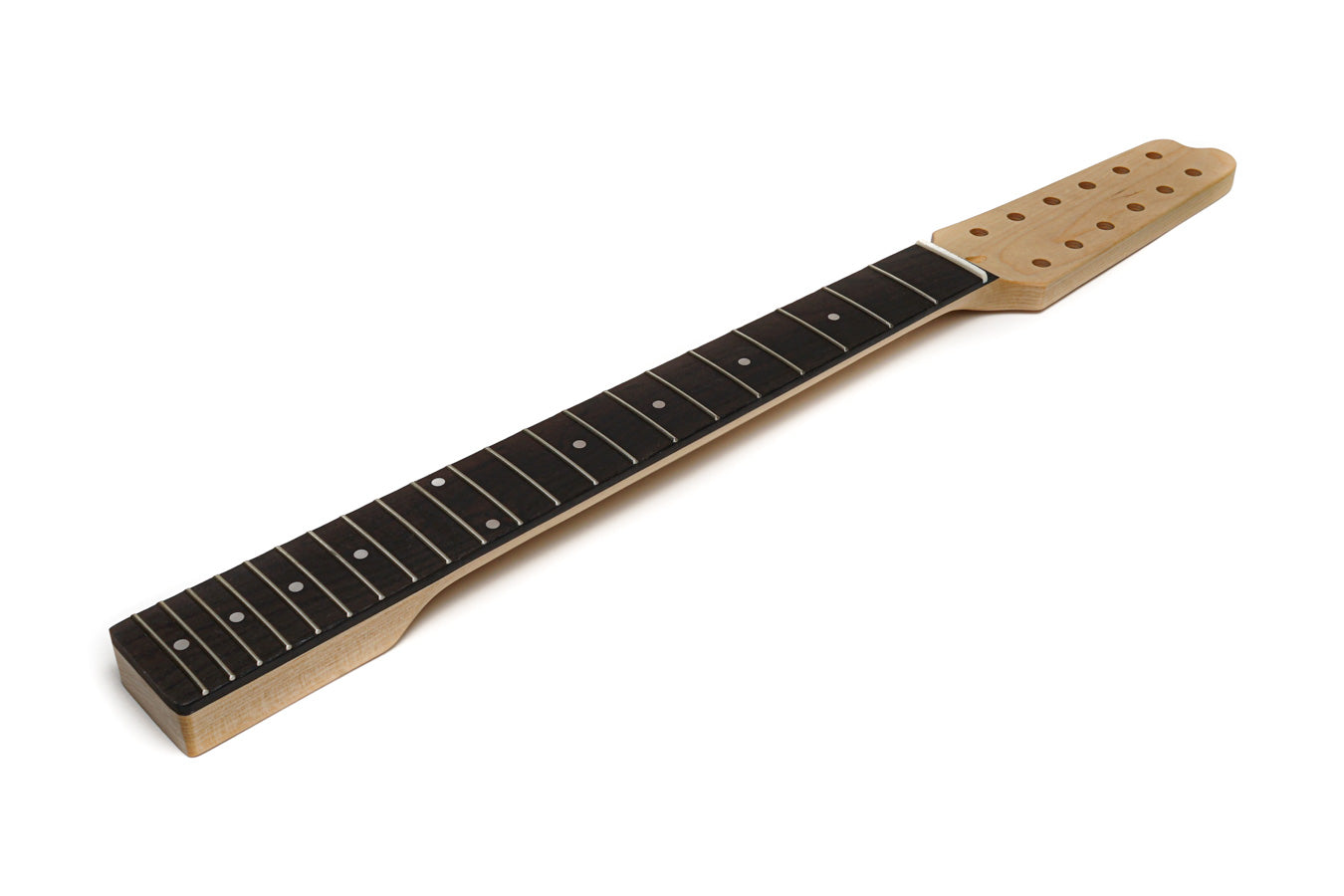 Wooden guitar neck with black fretboard and 21 metal frets, featuring 12 tuner peg holes.