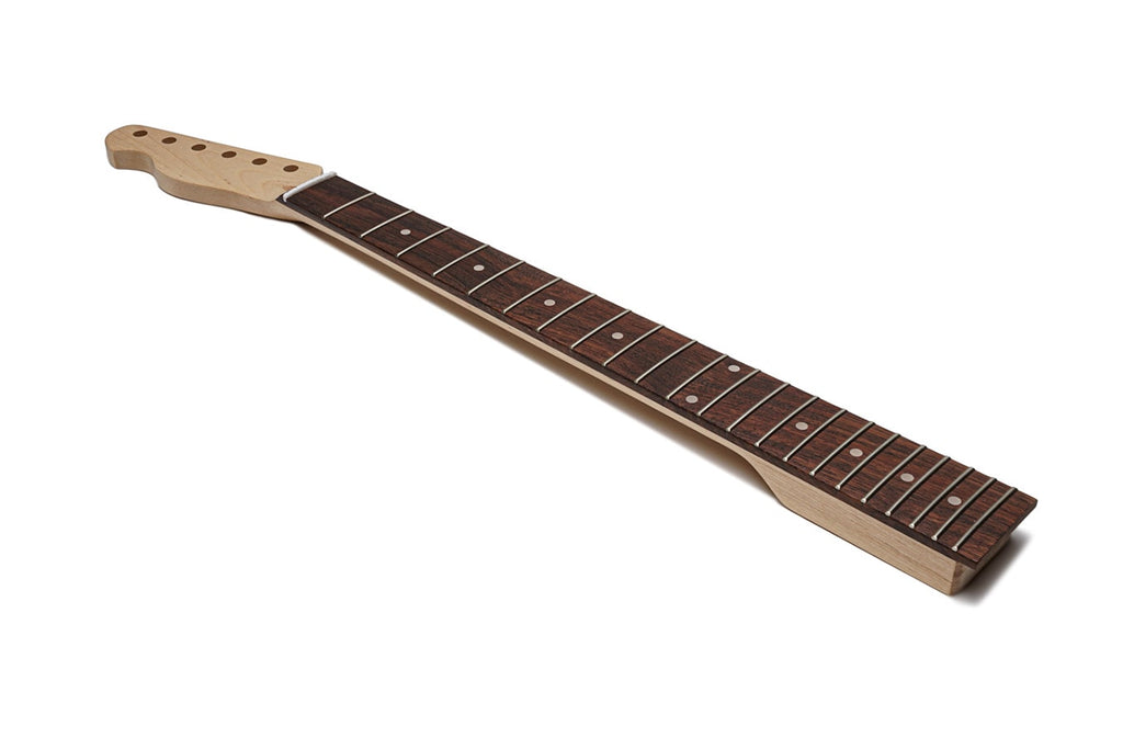 Left-handed guitar neck with rosewood fretboard and 22 frets isolated on white background.