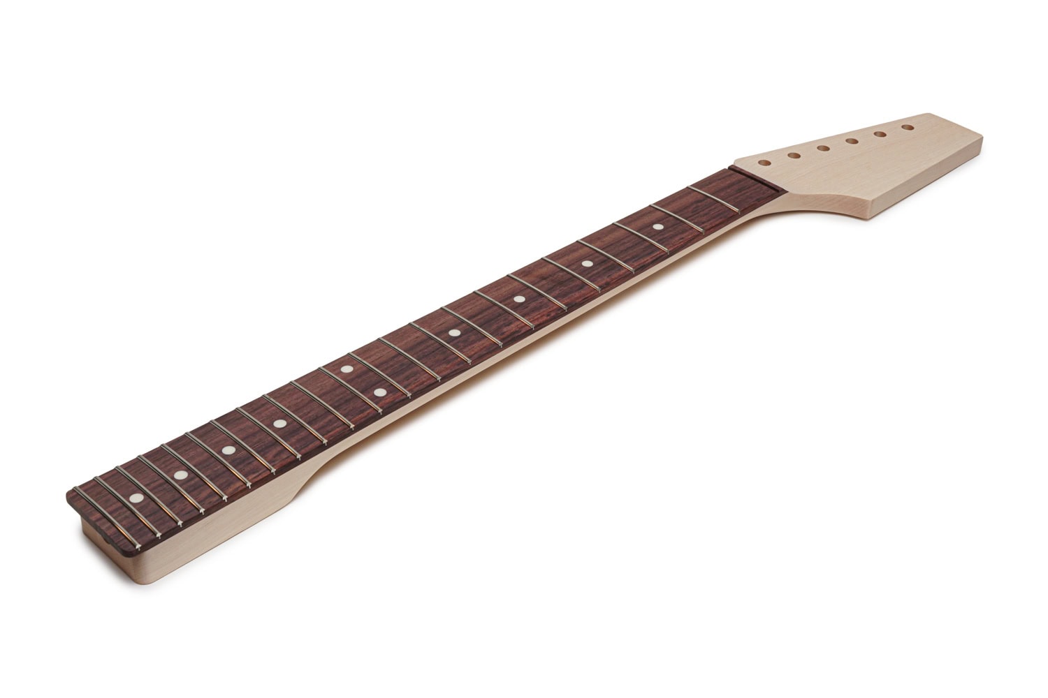 Maple guitar neck with rosewood fretboard and metal frets, photographed on a white background.