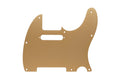 Gold anodized, 1-ply guitar pickguard with mounting holes and pickup cutout.