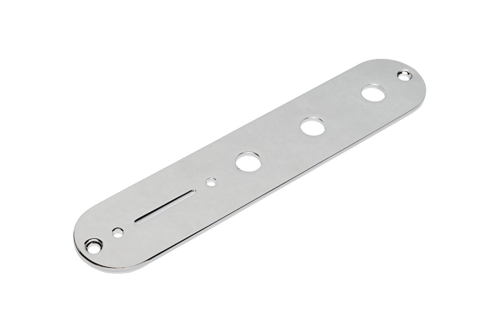Silver metal control plate with three larger holes, one smaller hole, and a narrow slot.