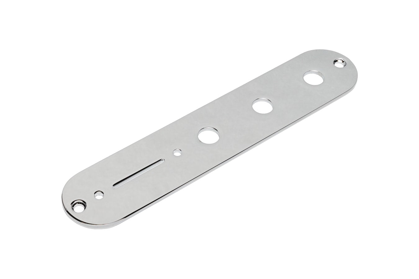 Silver metal control plate with three larger holes, one smaller hole, and a narrow slot.